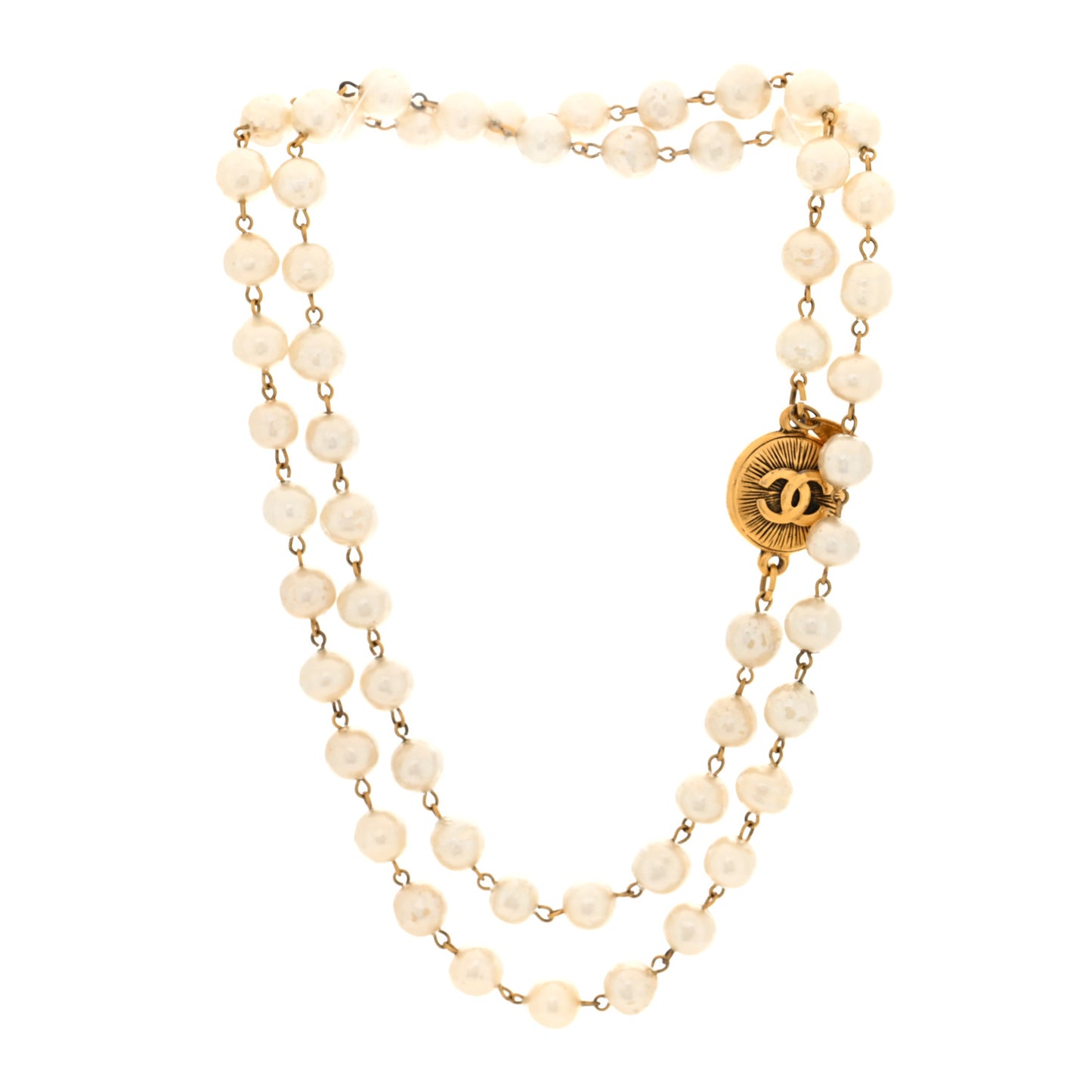 Metal Pearl CC Long Strand Necklace Gold White