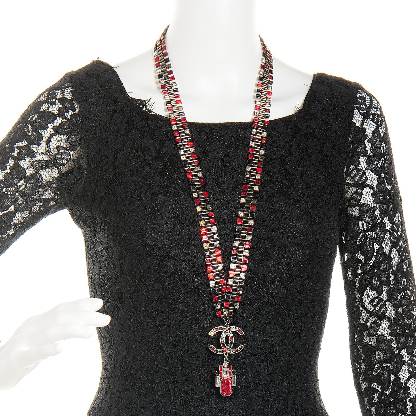 Ruthenium Crystal Baguette CC Long Necklace Red Black
