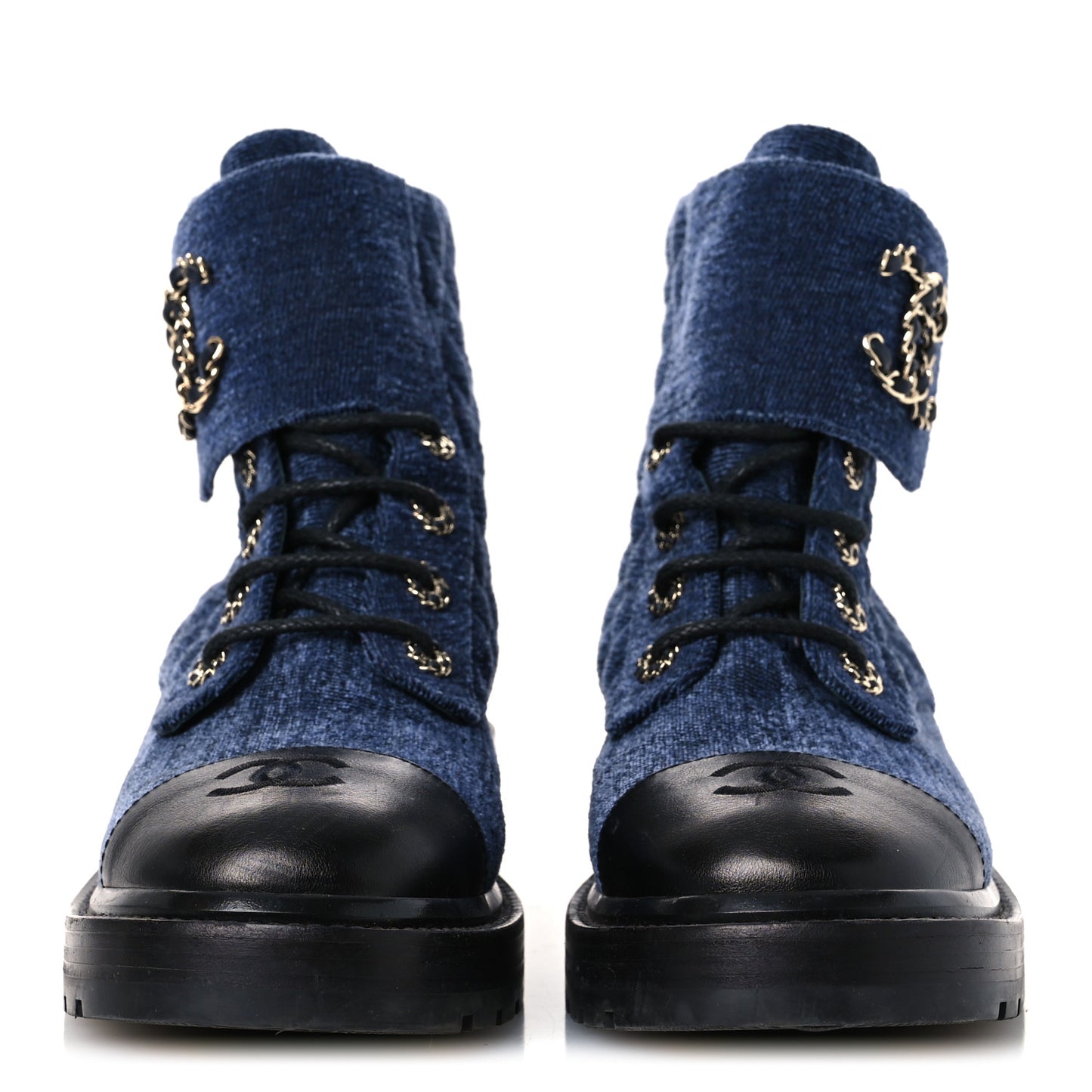 Shiny Calfskin Velvet Quilted Lace Up Combat Boots 39.5 Blue Black