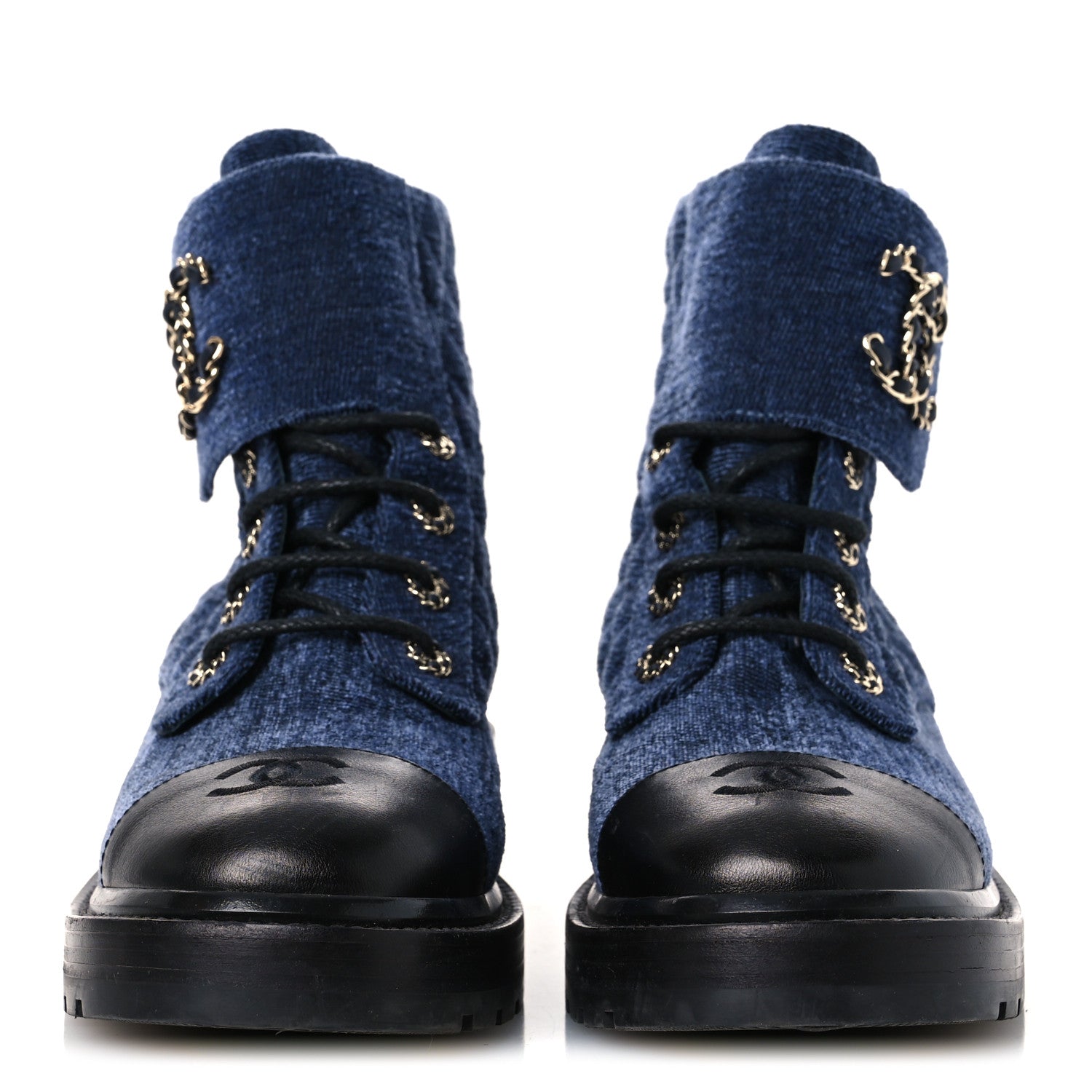 Chanel Shiny Calfskin Velvet Quilted Lace Up Combat Boots 39.5 Blue Black 3 of 12