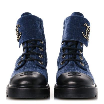 Chanel Shiny Calfskin Velvet Quilted Lace Up Combat Boots 39.5 Blue Black 3 of 12