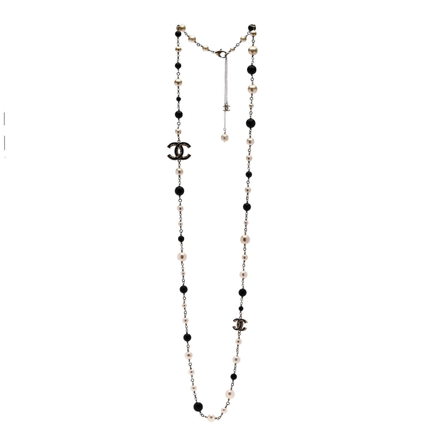 Pearl Enamel Beaded CC Baroque Long Necklace Black White Gold