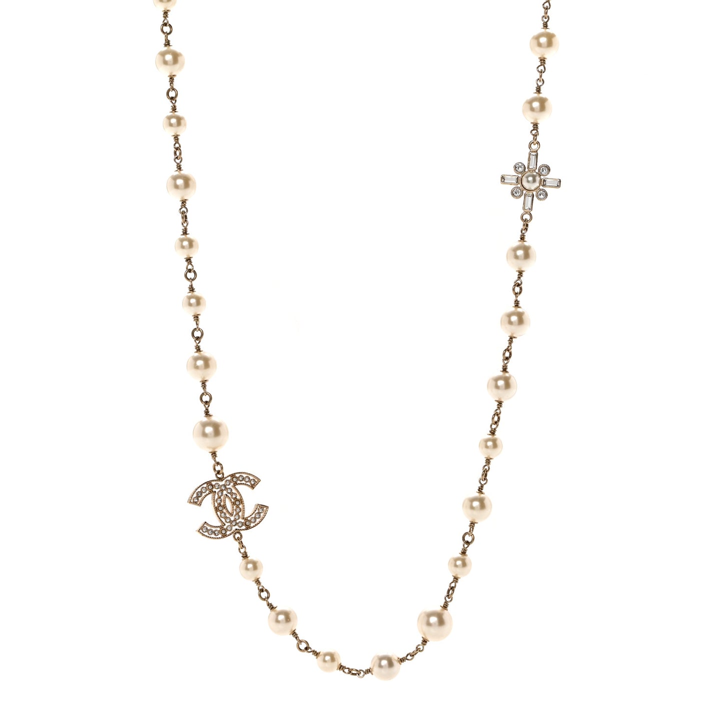 Crystal Baguette Pearl CC Cross Necklace Gold