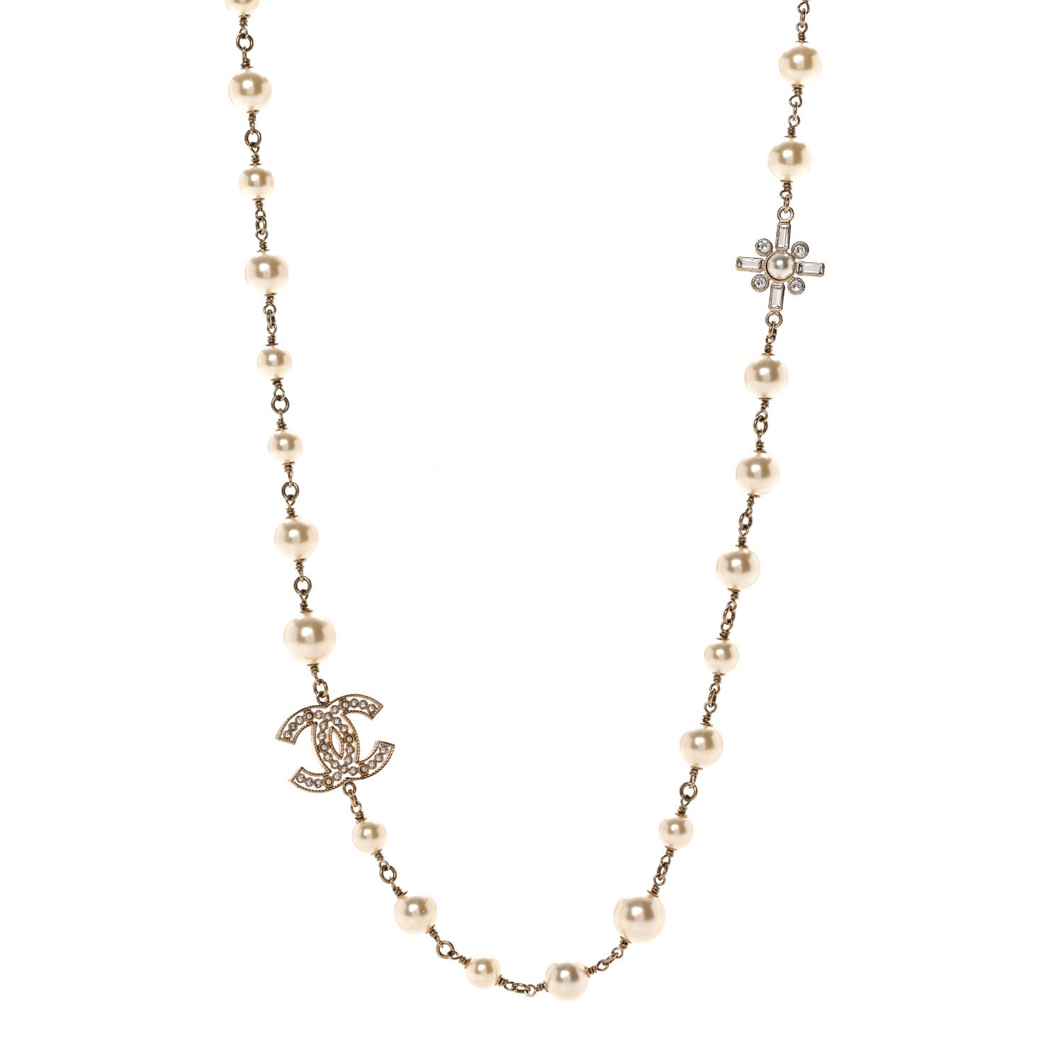 Chanel Crystal Baguette Pearl CC Cross Necklace Gold 1 of 4