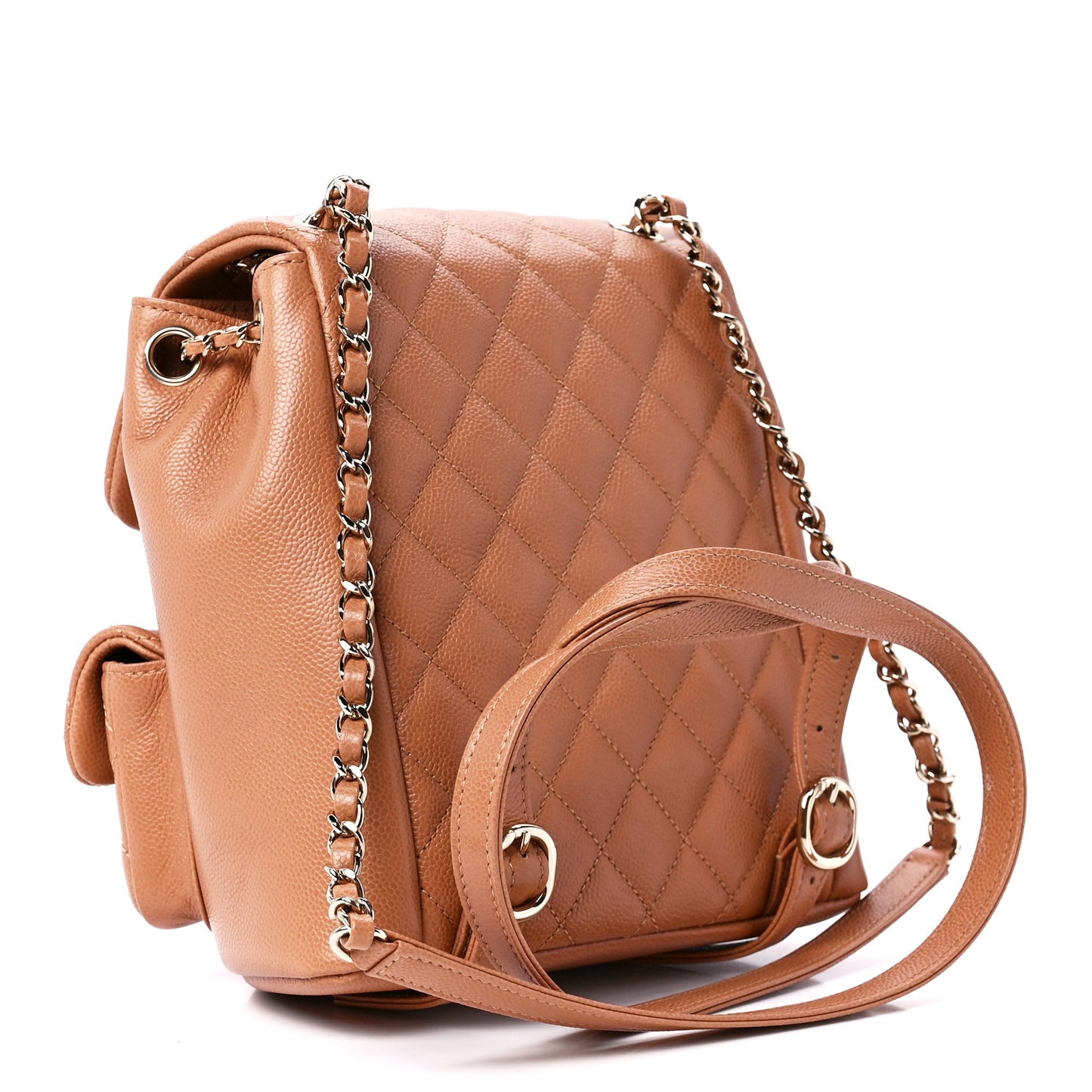 Shiny Caviar Quilted Medium Duma Pockets Drawstring Backpack Dark Beige