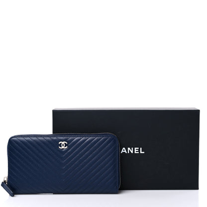 Chanel Caviar Chevron Quilted Large Gusset Zip Around Wallet Navy 13 of 13