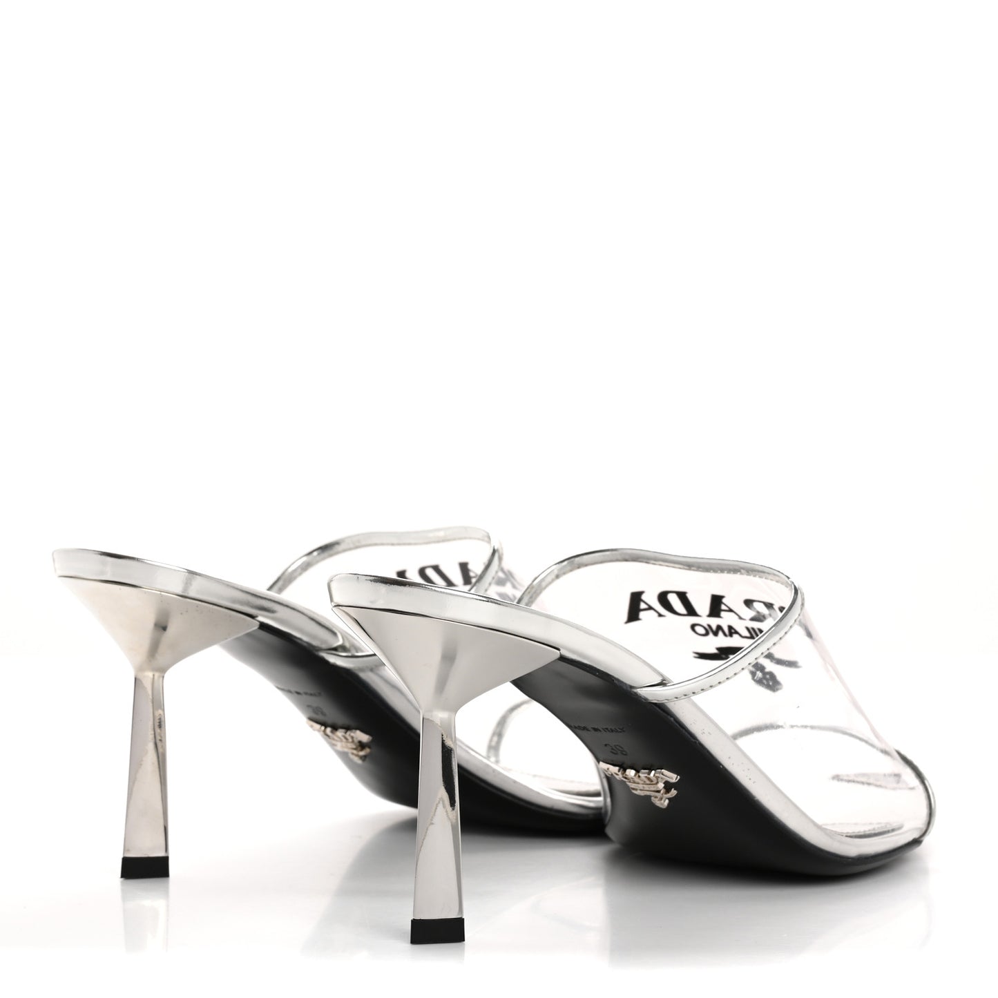 Plexiglass Metallic Calfskin Metal Triangle Logo 75mm Slide Sandals 39 Argento
