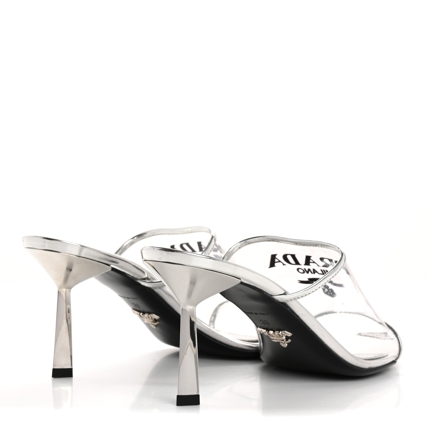 Prada Plexiglass Metallic Calfskin Metal Triangle Logo 75mm Slide Sandals 39 Argento 5 of 9