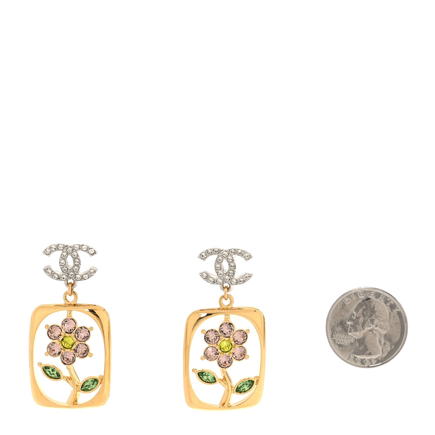 Chanel Crystal CC Flower Earrings Purple Green Gold Silver 2 of 5