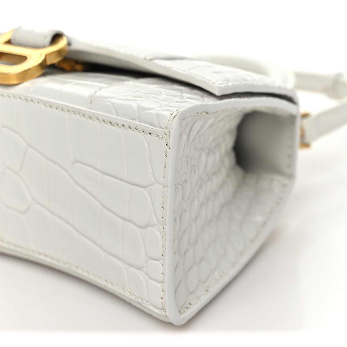 Shiny Calfskin Crocodile Embossed Hourglass Top Handle Bag XS White