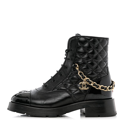 Chanel Shiny Calfskin Patent Quilted Chain Lace Up Combat Boots 38.5 Black 1 of 11
