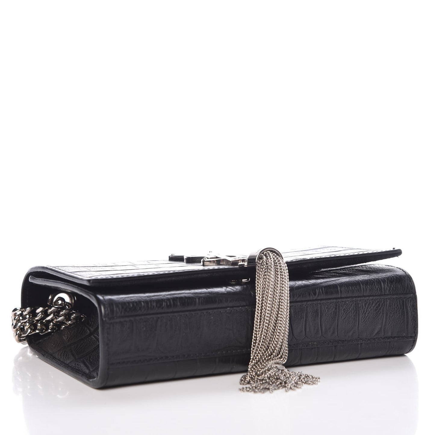 Calfskin Crocodile Embossed Monogram Small Kate Tassel Satchel Black