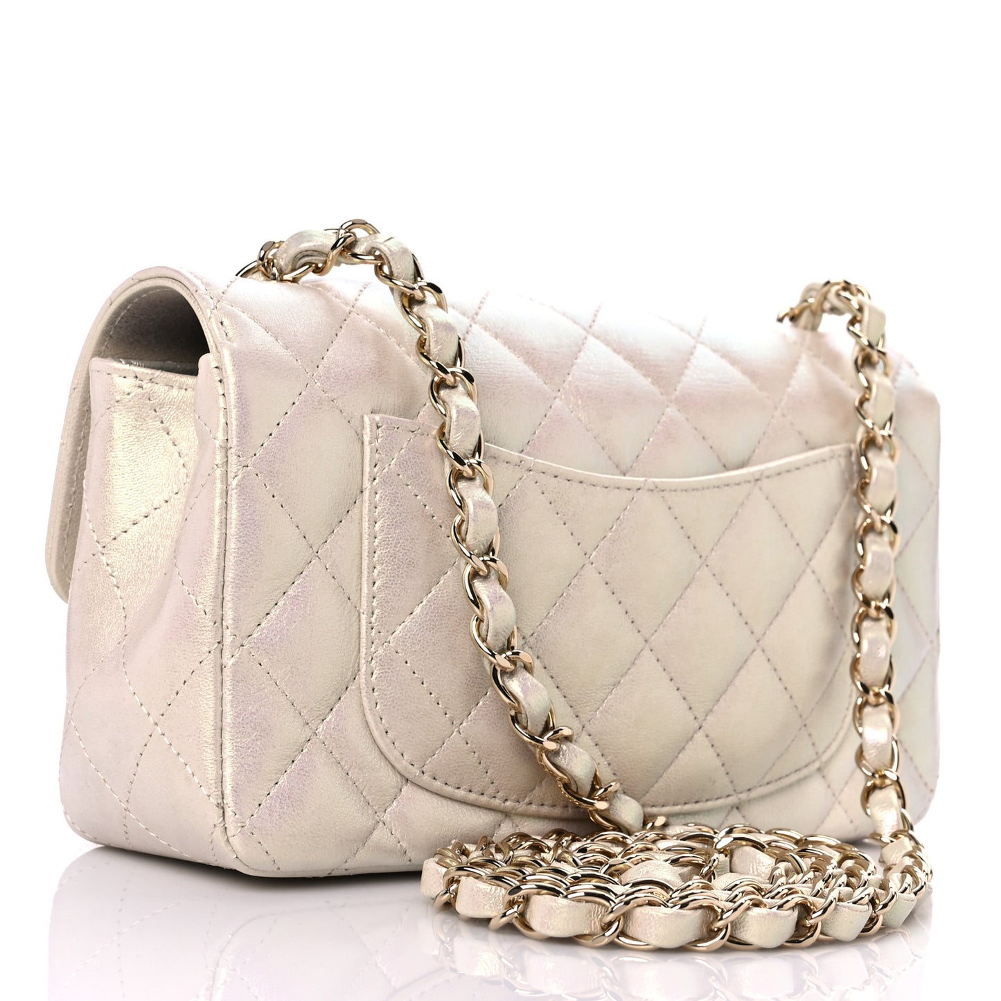 Iridescent Lambskin Quilted Mini Rectangular Flap Ivory