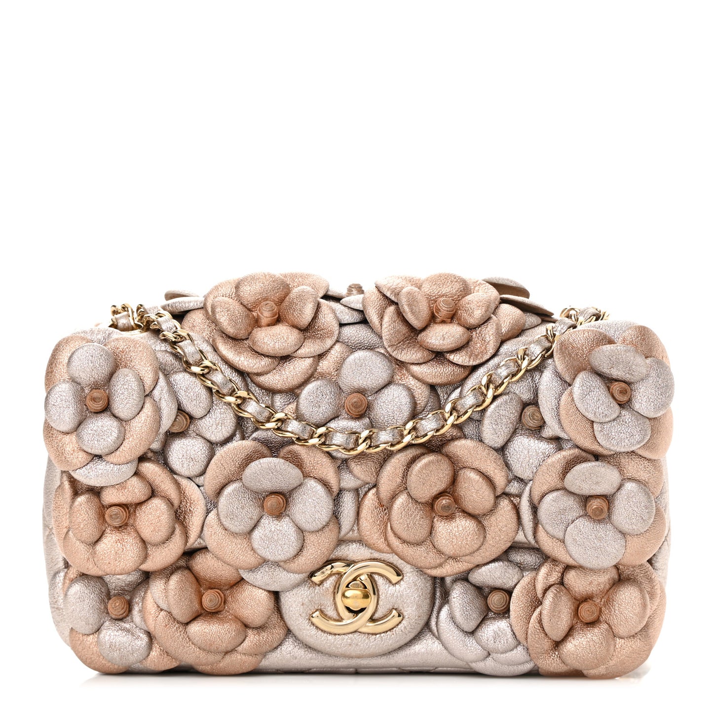 Metallic Lambskin Quilted Mini Camellia Flap Silver Gold