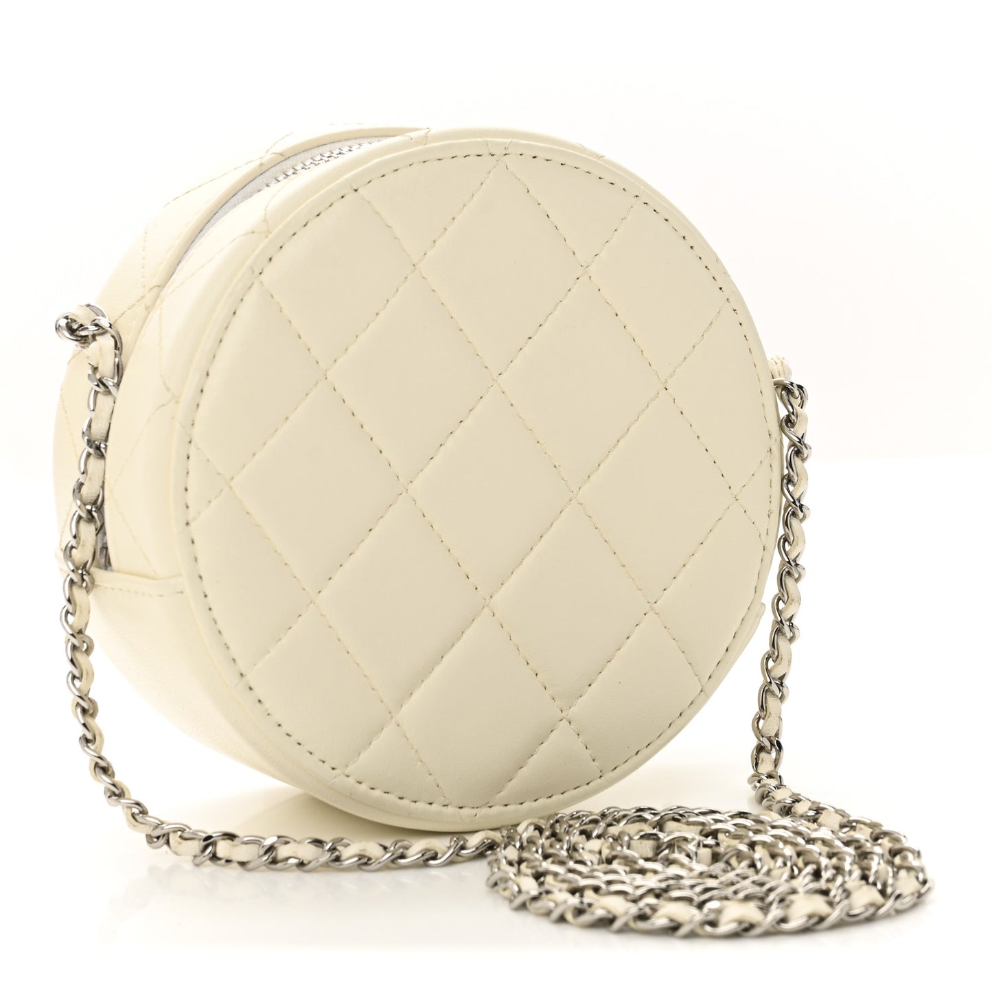 Lambskin Metal Quilted Round Clutch With Chain White Silver