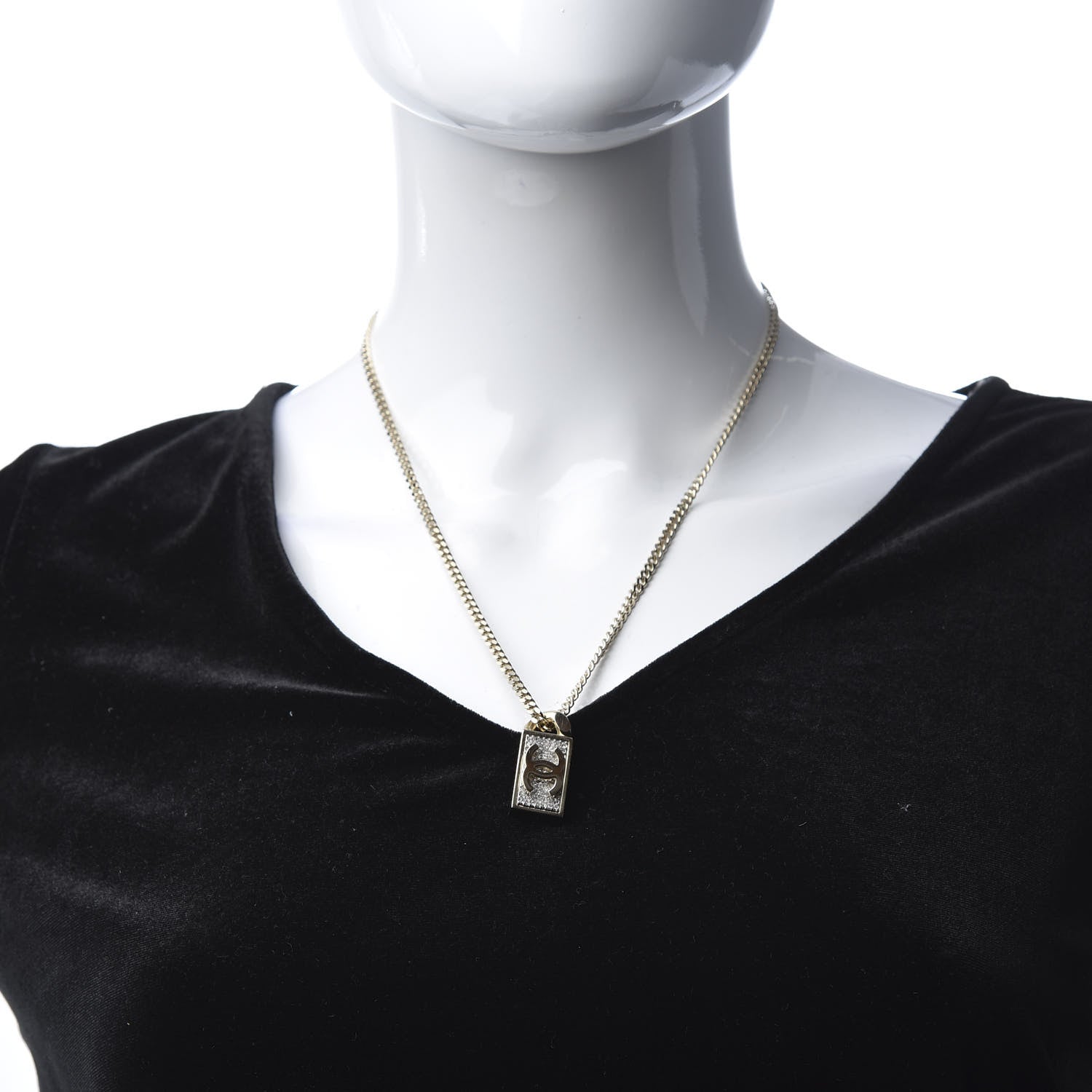 Chanel Crystal Dog Tag Charm Necklace Gold 2 of 5