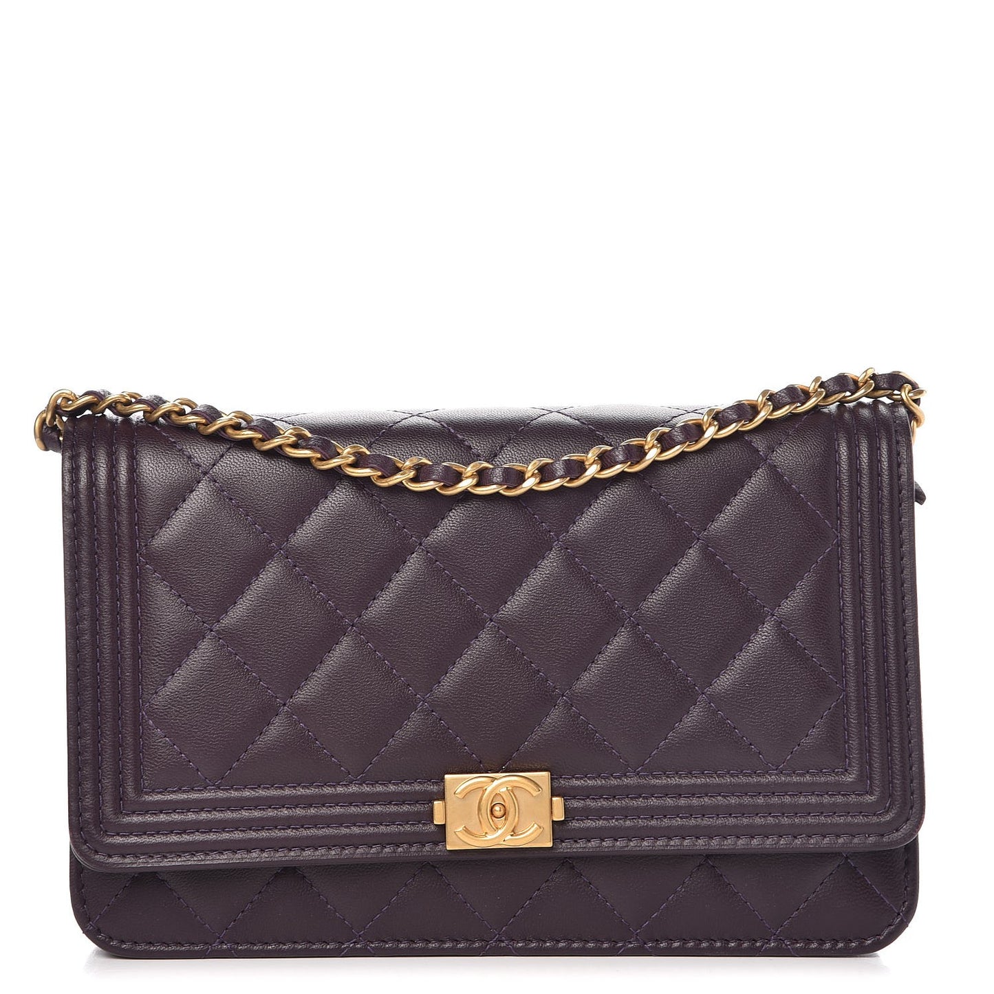Lambskin Quilted Boy Wallet On Chain WOC Dark Purple