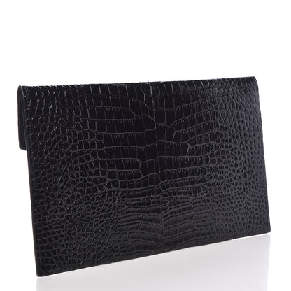 Saint Laurent Calfskin Crocodile Embossed Uptown Monogram Clutch Black 3 of 8