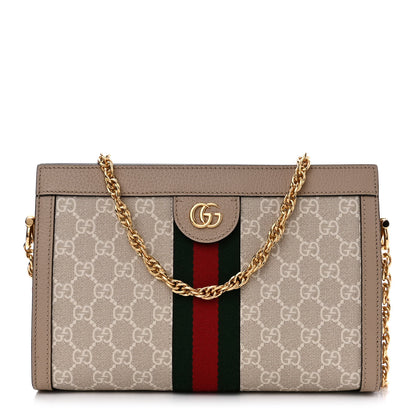 Gucci GG Supreme Monogram Textured Dollar Calfskin Web Small Ophidia Chain Shoulder Bag Beige Mystic White Oatmeal 1 of 11