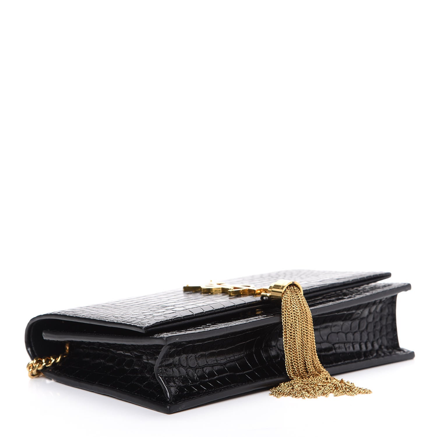 Saint Laurent Calfskin Crocodile Embossed Kate Monogram Tassel Chain Wallet Black 3 of 11
