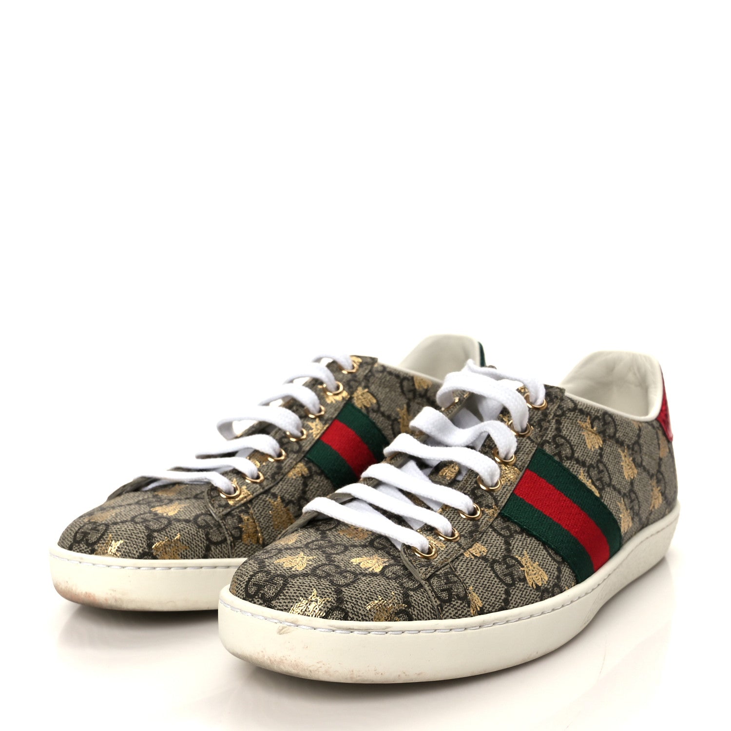 Gucci GG Supreme Monogram Bees Ayers Web Womens Ace Sneakers 37 Beige Oro Green Red 4 of 12