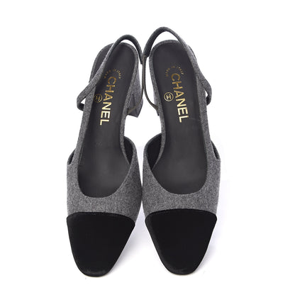 Chanel Wool Velvet Cap Toe CC Slingback Pumps 38 Black Grey 5 of 11