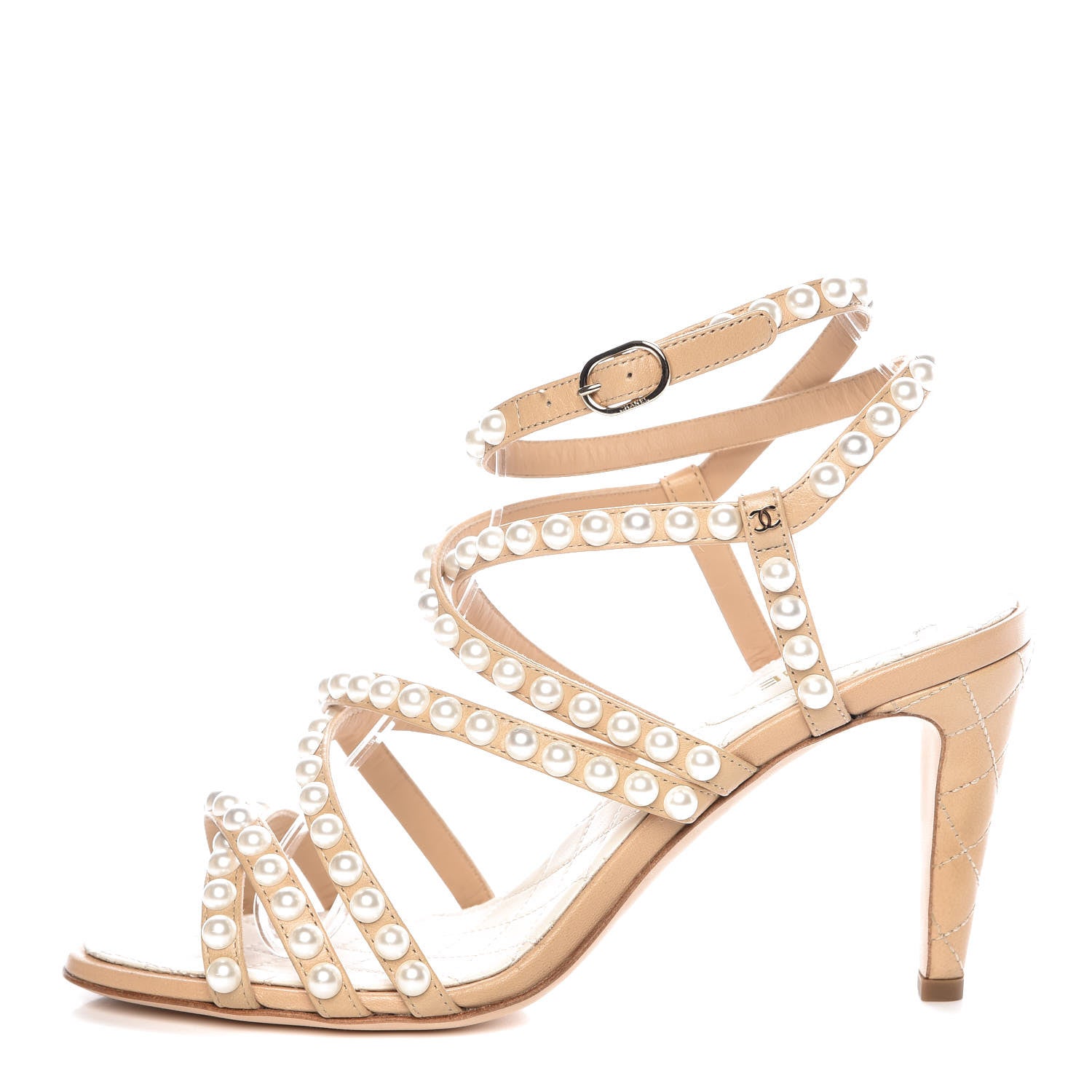 Chanel Goatskin Quilted Pearl Sandals 38 Beige 1 of 9