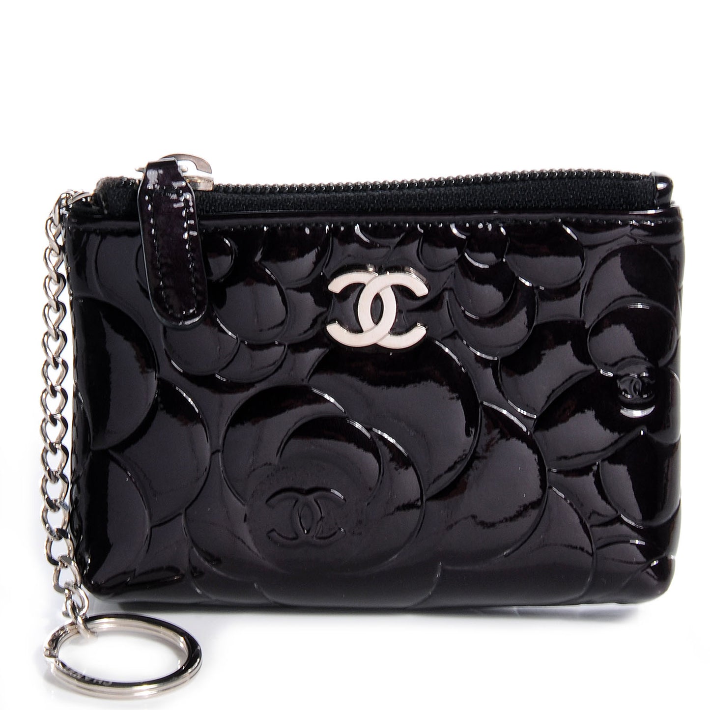 Patent Leather Camellia Embossed Key Holder Case Black