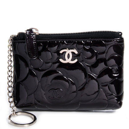 Chanel Patent Leather Camellia Embossed Key Holder Case Black 1 of 8