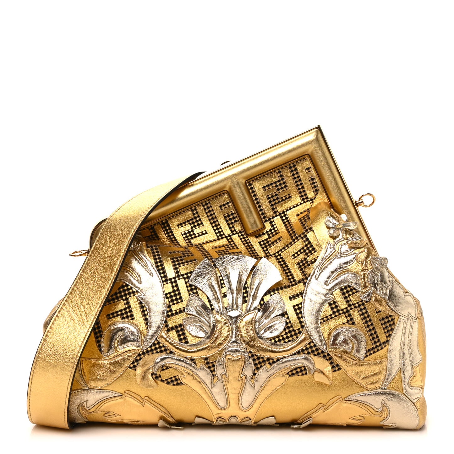 X VERSACE Vitello Laminato Catalan Mirror Fendace FF Medium Fendi First Oro