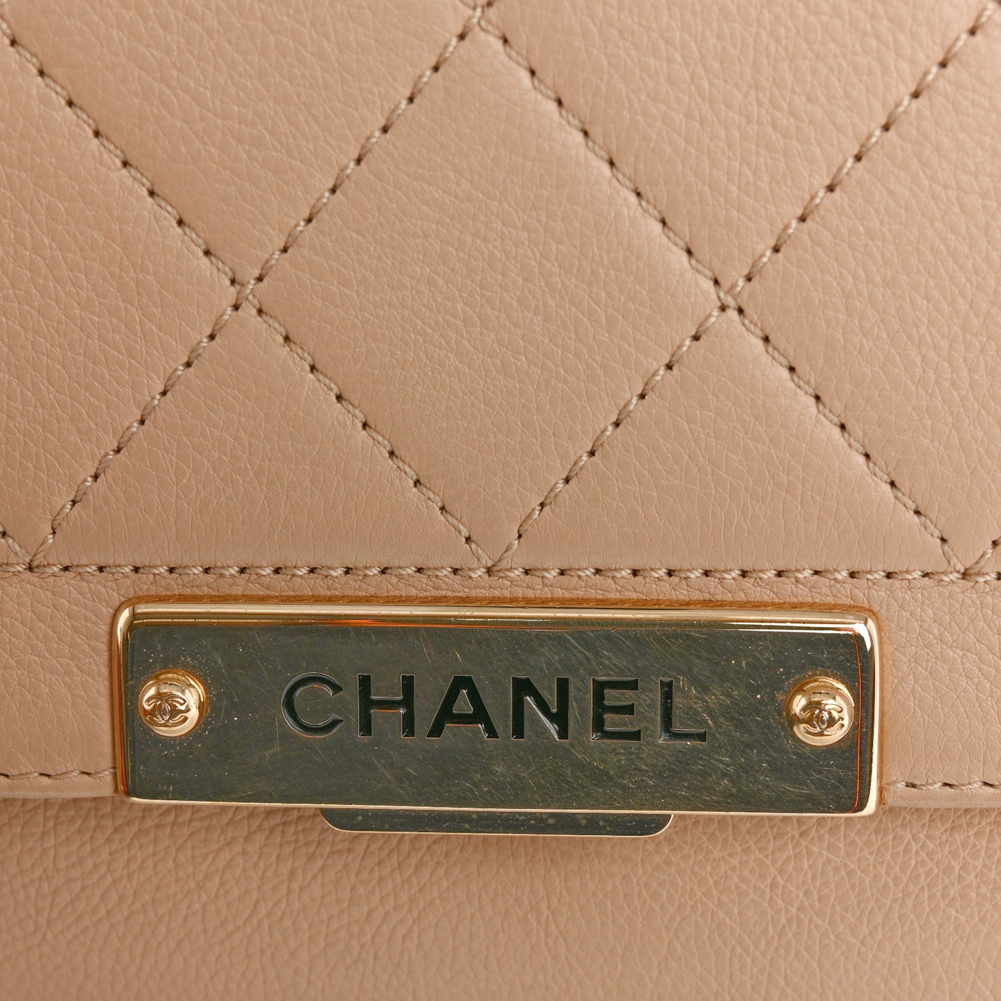 Grained Calfskin Quilted Medium Label Click Flap Bag Beige