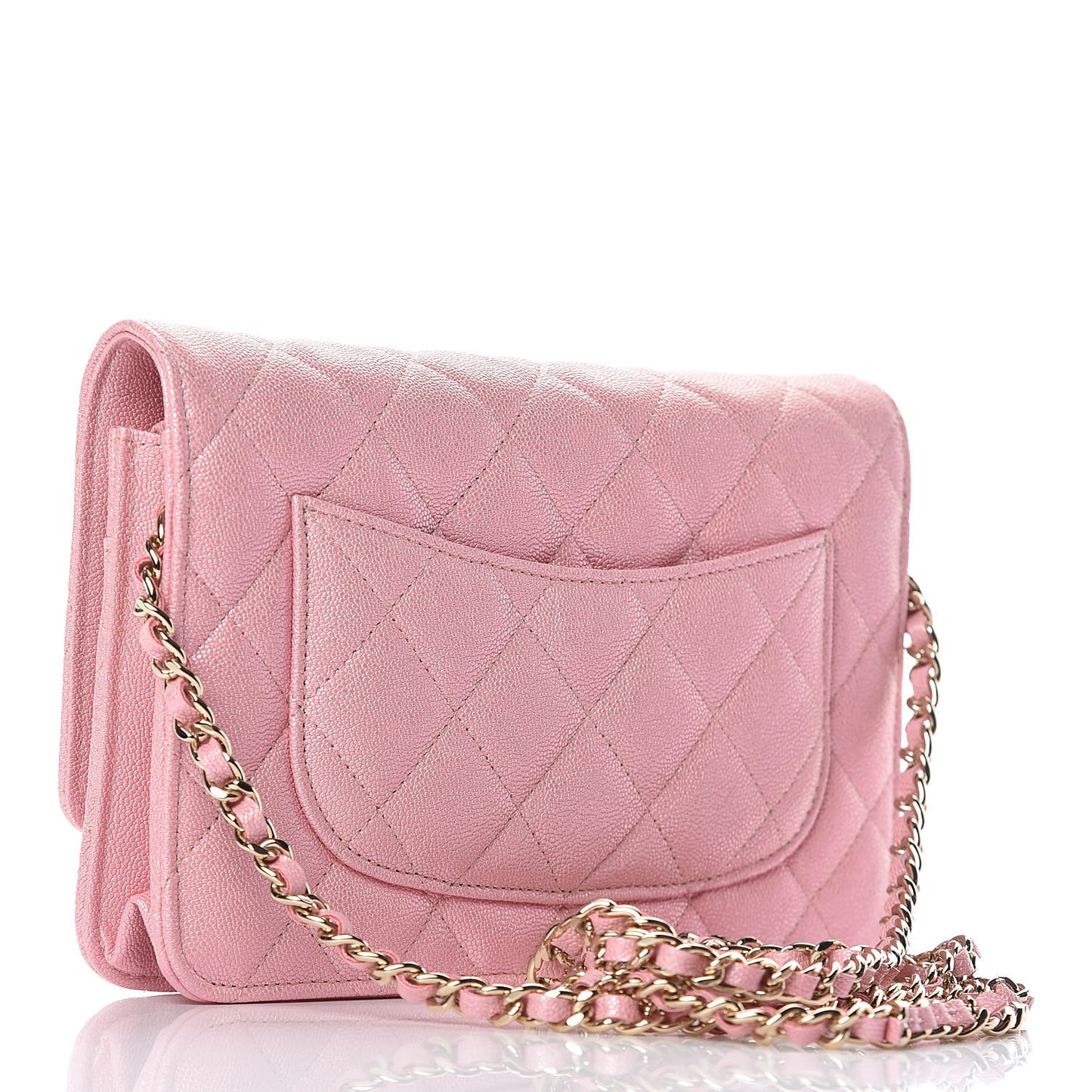 Iridescent Caviar Quilted Wallet on Chain WOC Rose Pink