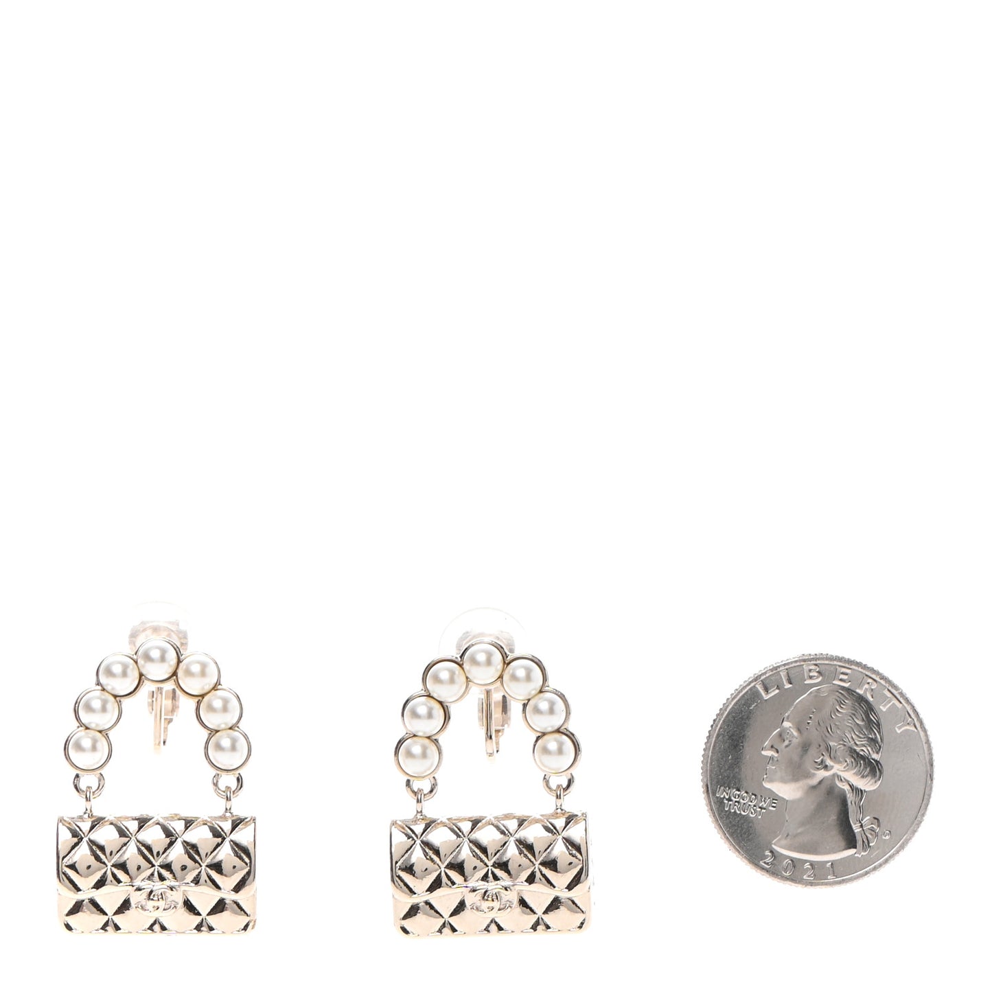 Pearl Quilted CC Clip On Flap Bag Earrings Gold