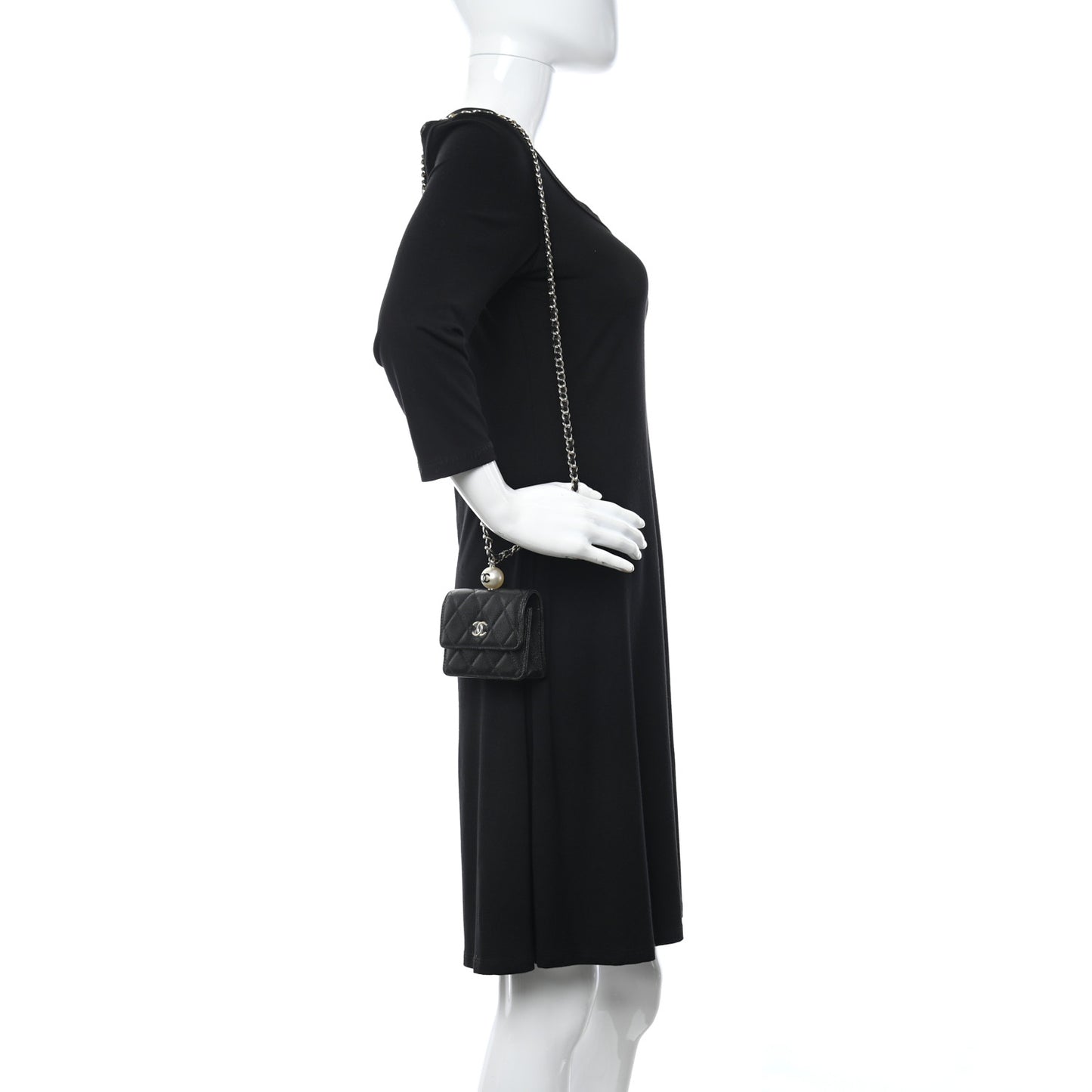 Caviar Quilted Mini Pearl On Top Coin Purse With Chain Black