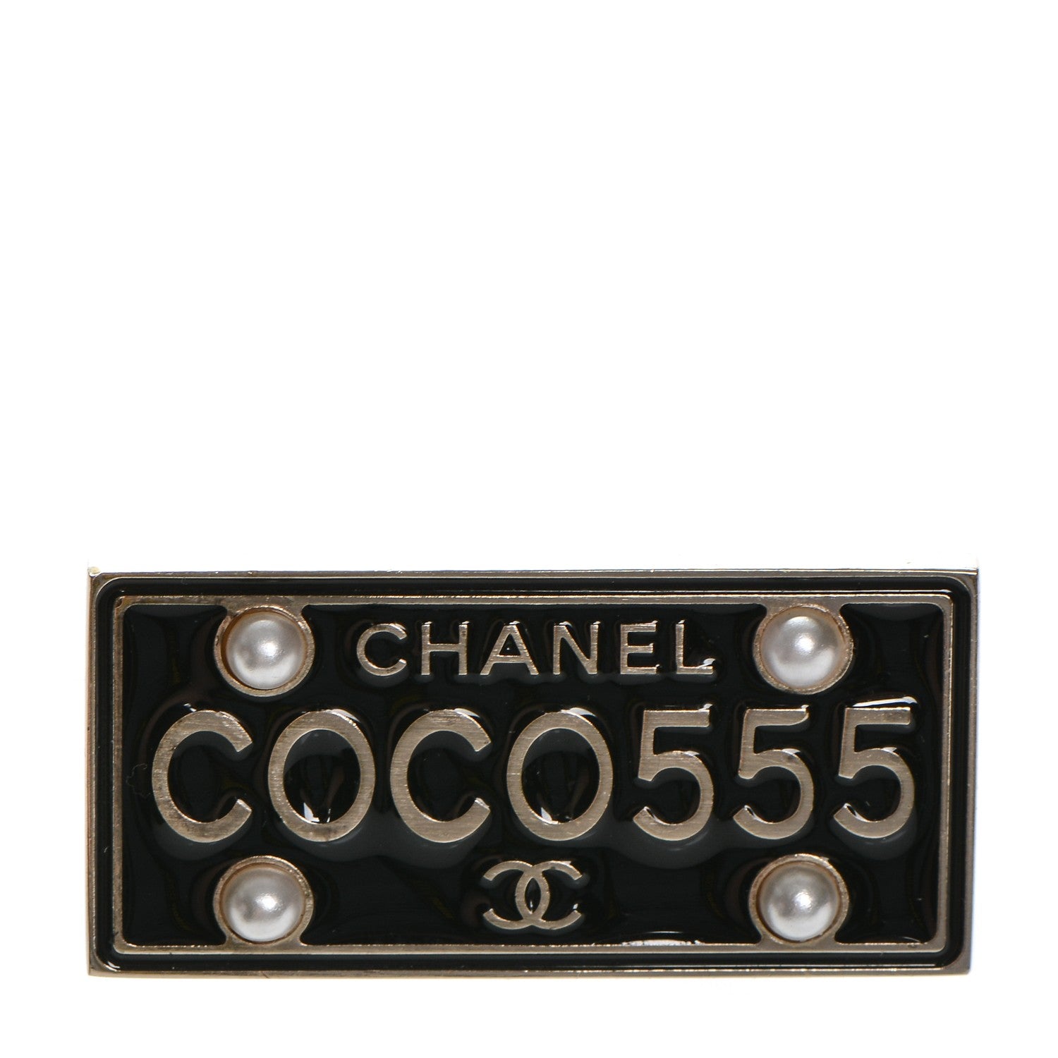 Chanel Metal Resin Pearl Coco License Plate Brooch Black Gold 1 of 4