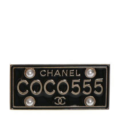 Chanel Metal Resin Pearl Coco License Plate Brooch Black Gold 1 of 4