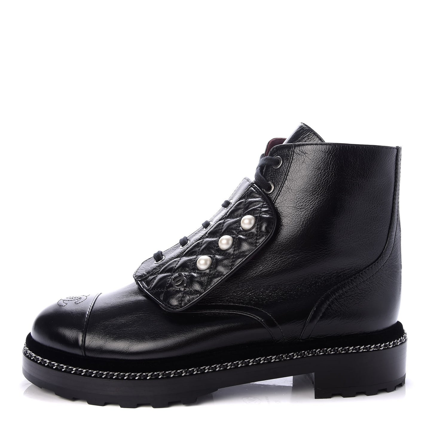 Crackled Calfskin Velvet Pearl Combat Short Boots 42 Black