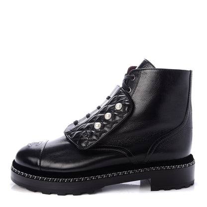 Chanel Crackled Calfskin Velvet Pearl Combat Short Boots 42 Black 1 of 10