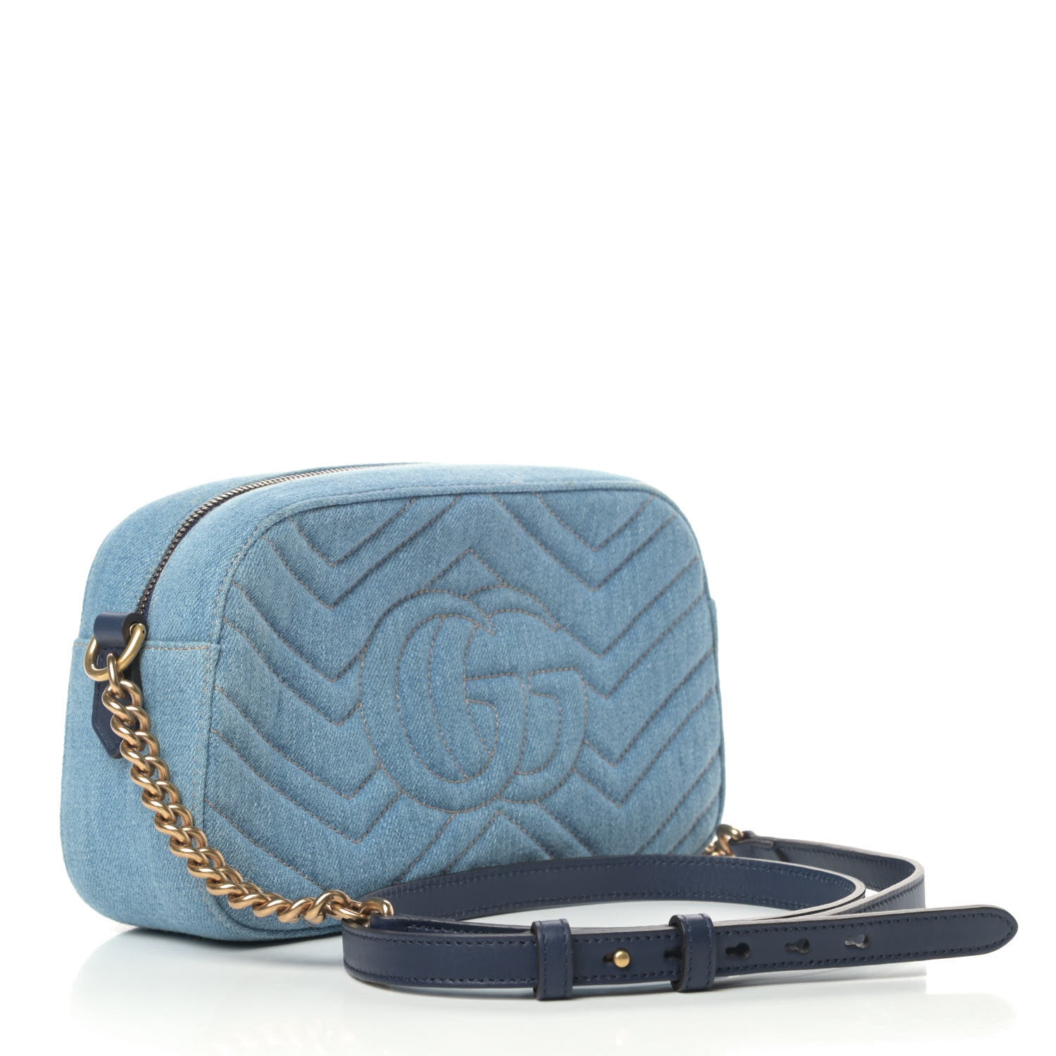 Gucci Denim Matelasse Embroidered Small GG Marmont Chain Shoulder Bag Blue 2 of 4