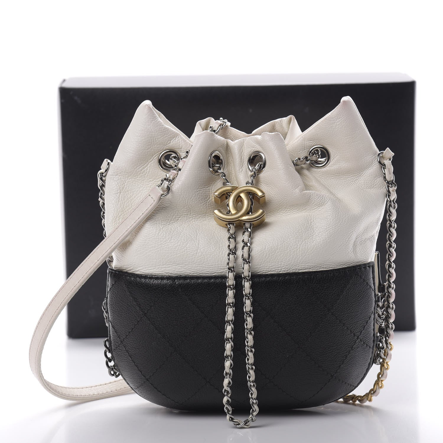 Chanel Aged Calfskin Quilted Small Gabrielle Bucket White Black 16 of 16