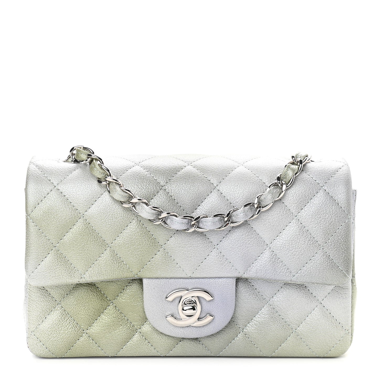 Metallic Goatskin Quilted Ombre Mini Rectangular Flap Grey Green