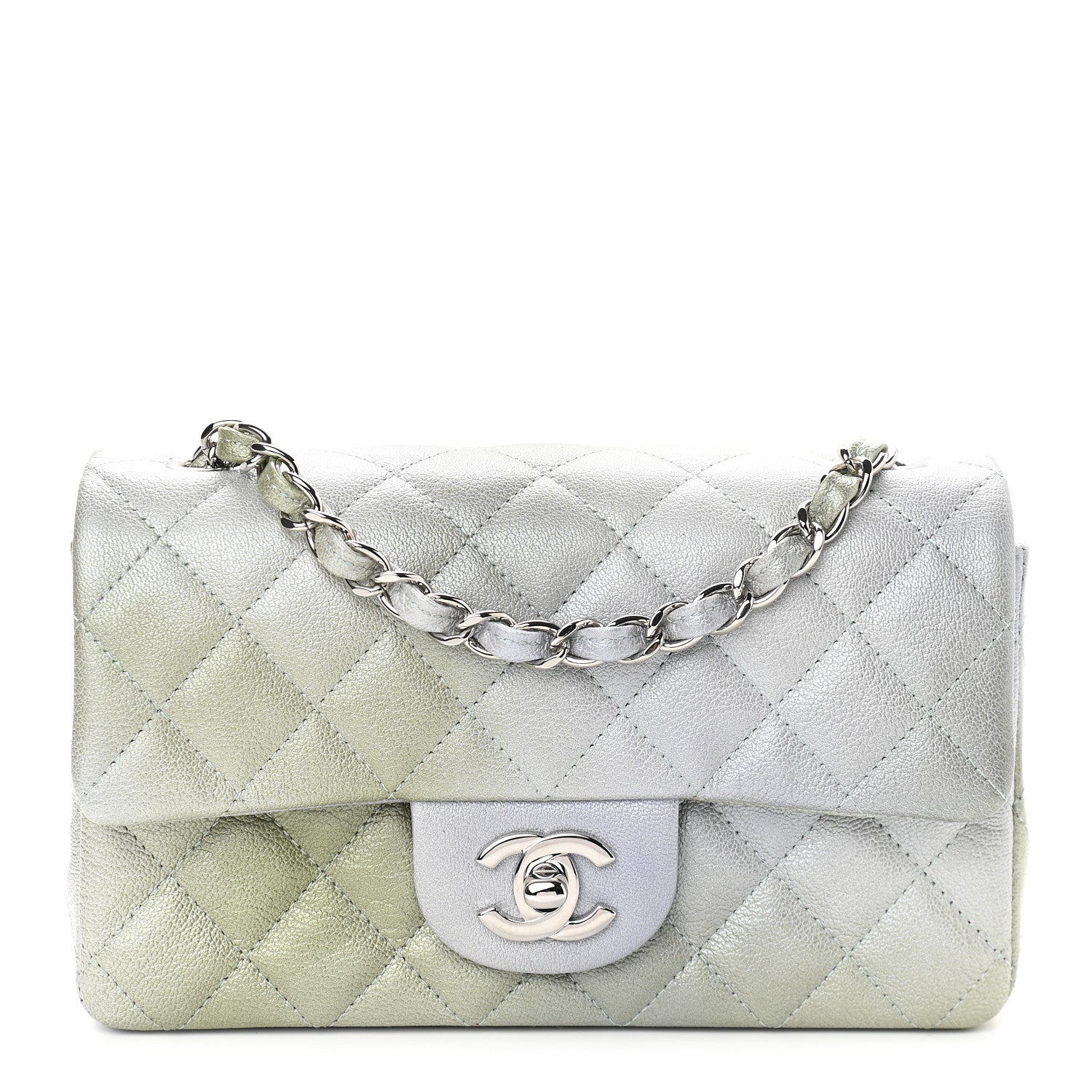 Chanel Metallic Goatskin Quilted Ombre Mini Rectangular Flap Grey Green 1 of 9