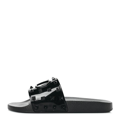 Valentino Garavani Patent Rubber Mens Rockstud VLogo Slide Sandals 41 Black 1 of 7