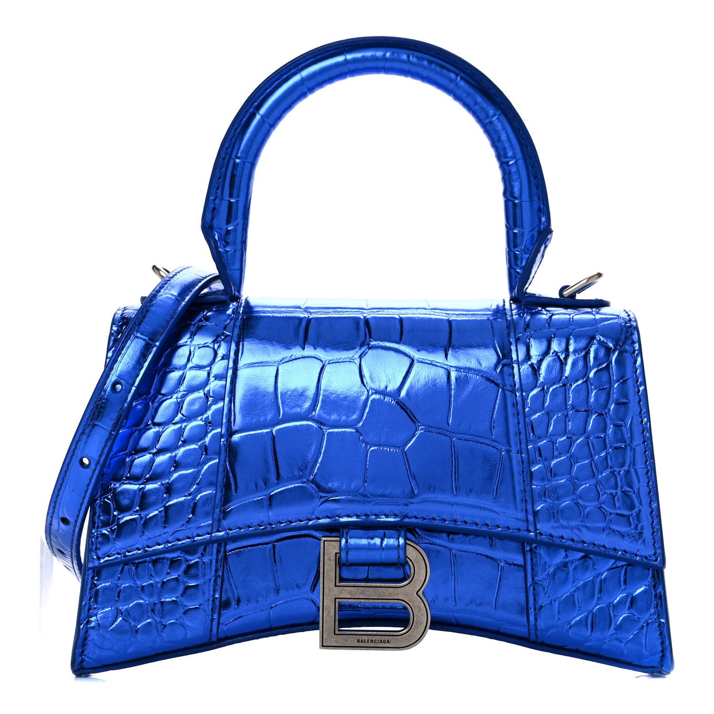 Metallic Shiny Calfskin Crocodile Embossed Hourglass Top Handle Bag XS Royal Blue