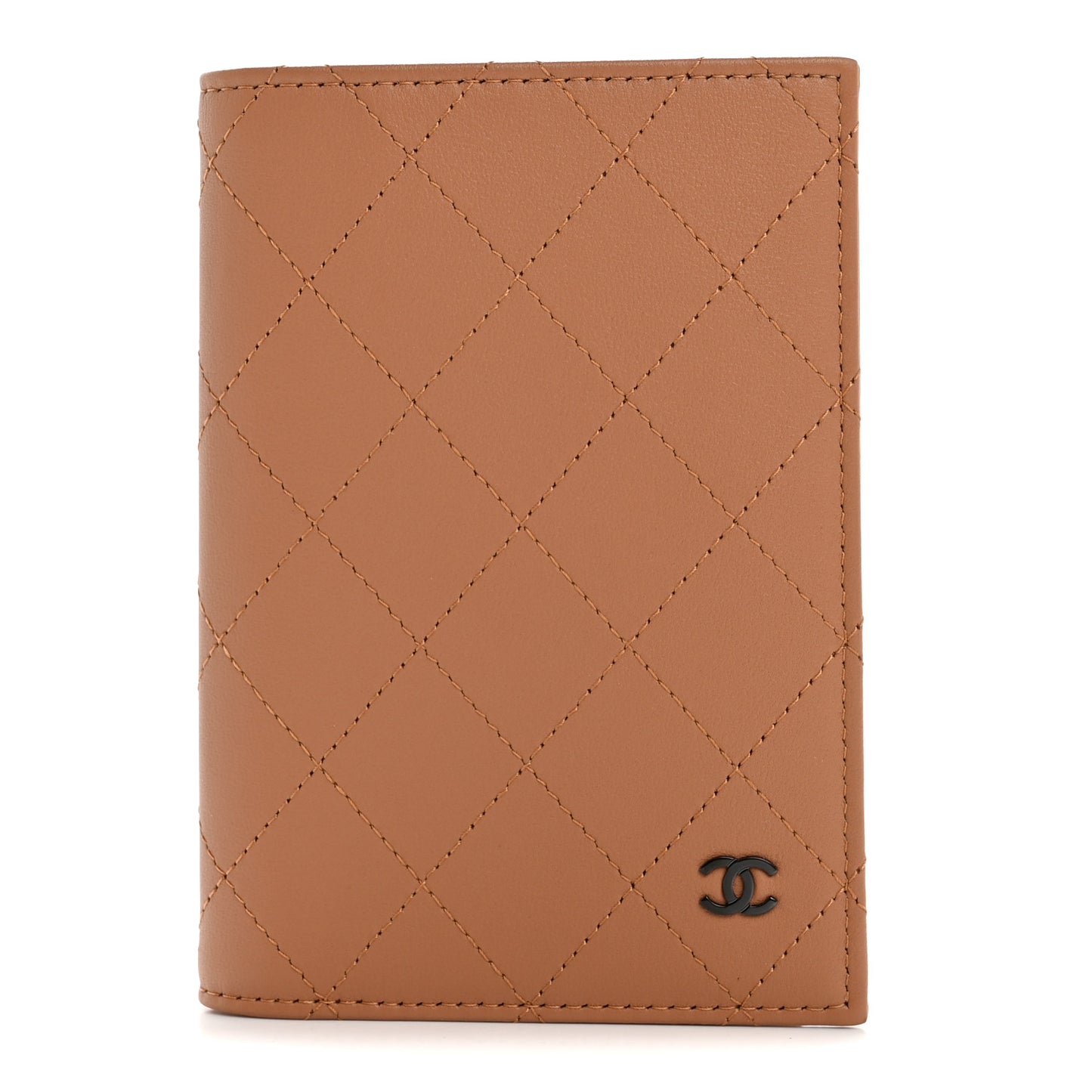 Calfskin Quilted Passport Holder Wallet Brown