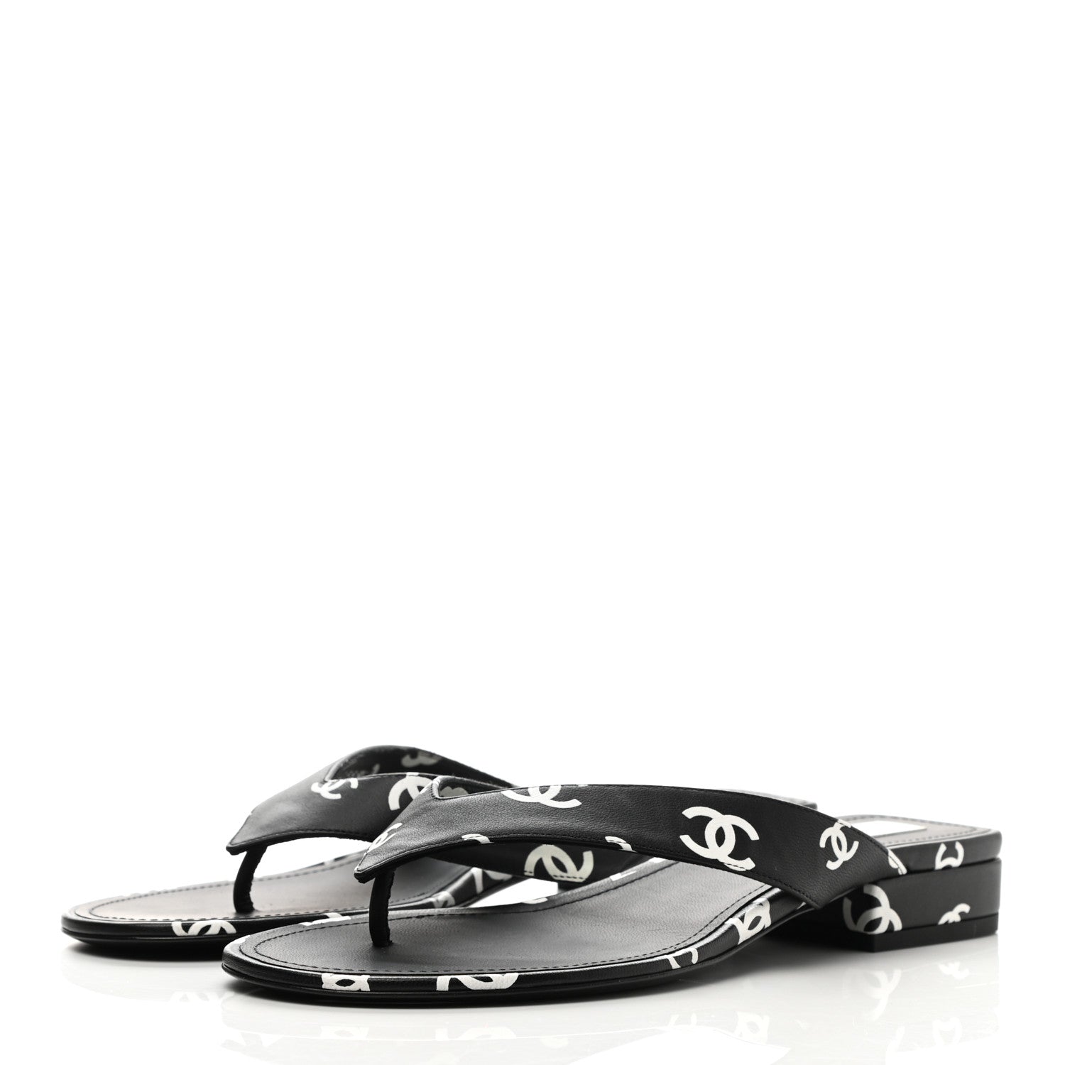 Chanel Lambskin Printed CC Thong Sandals 40 Black White 3 of 8