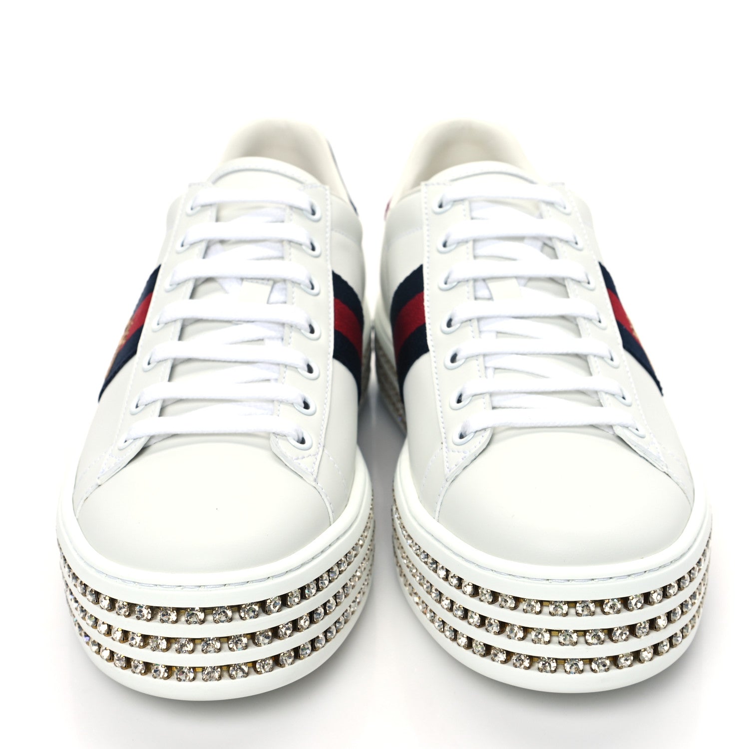 Gucci Calfskin Crystal Web Bee Embroidered Womens Ace Platform Sneakers 40 White 2 of 9