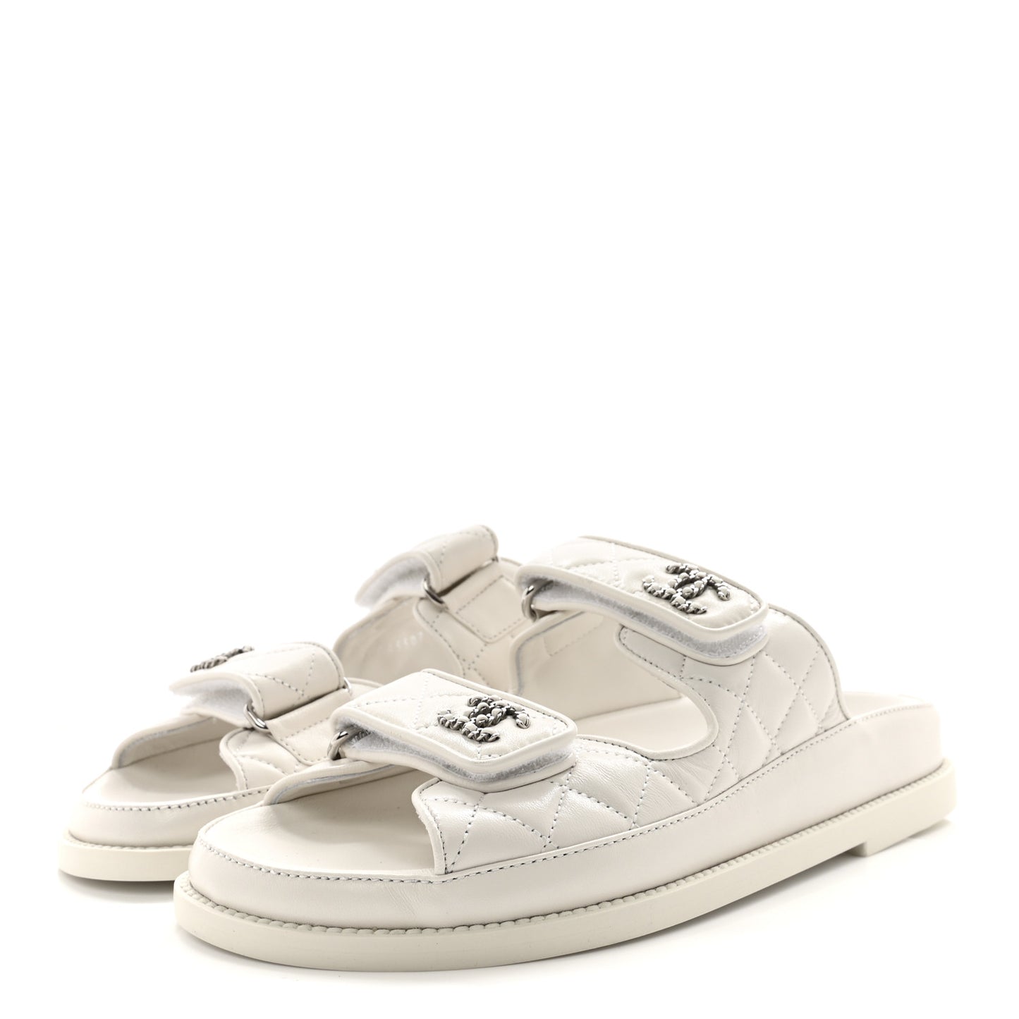 Lambskin Quilted Velcro Dad Chain CC Slide Sandals 36.5 White