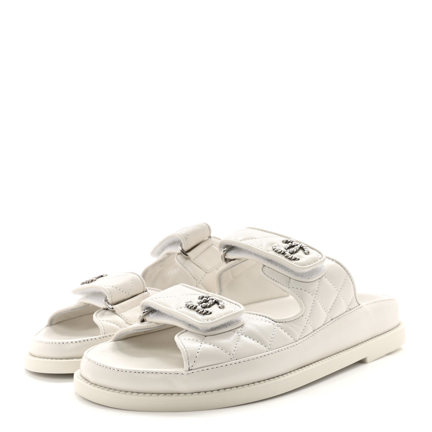 Chanel Lambskin Quilted Velcro Dad Chain CC Slide Sandals 36.5 White 3 of 10