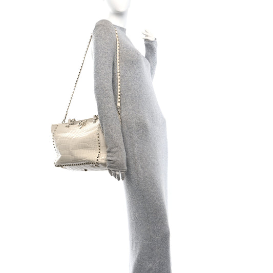 Calfskin Crocodile Embossed Medium Rockstud Tote Ivory